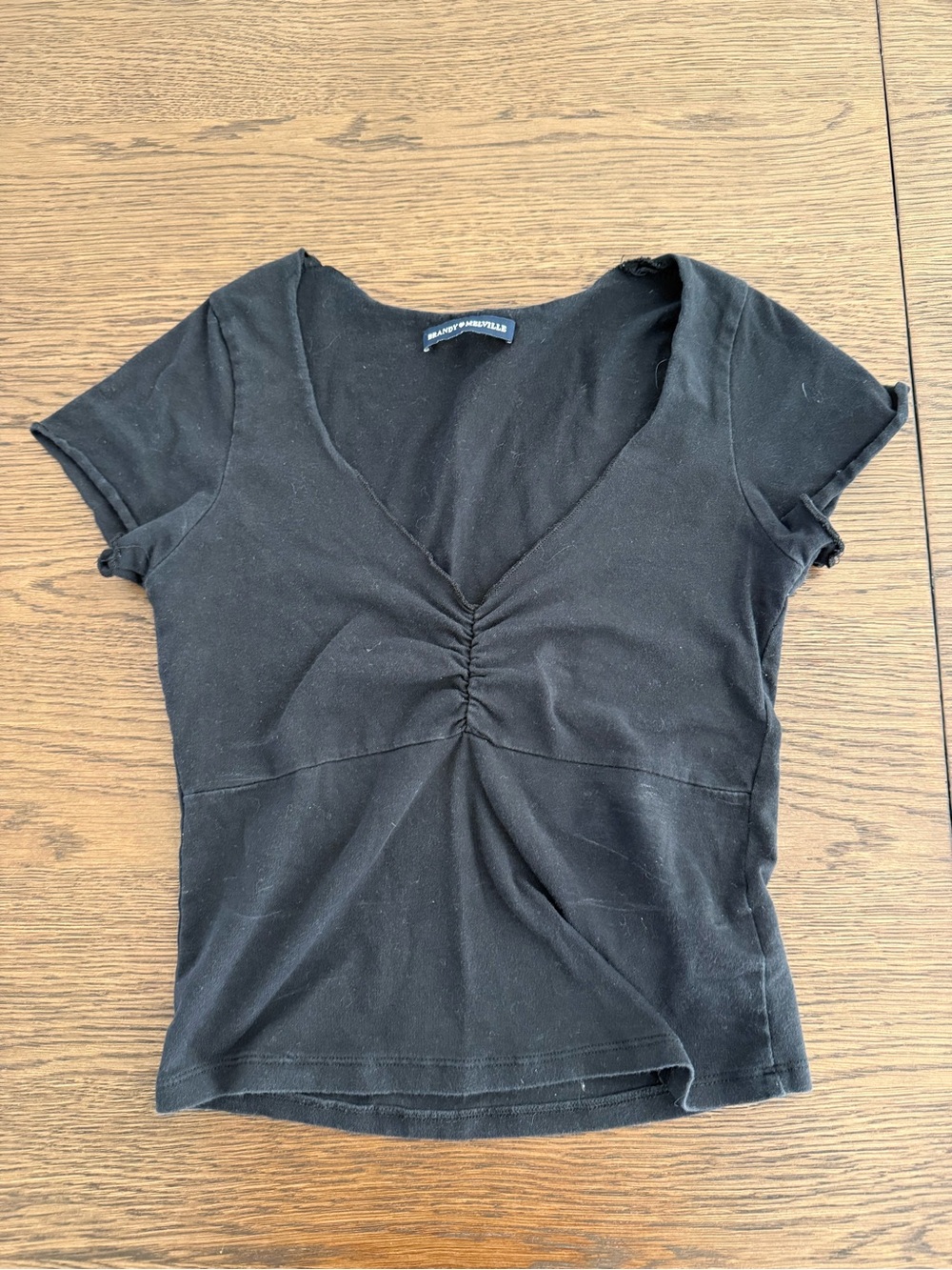 Brandy Melville Black Ruched V-Neck Short Sleeve Top